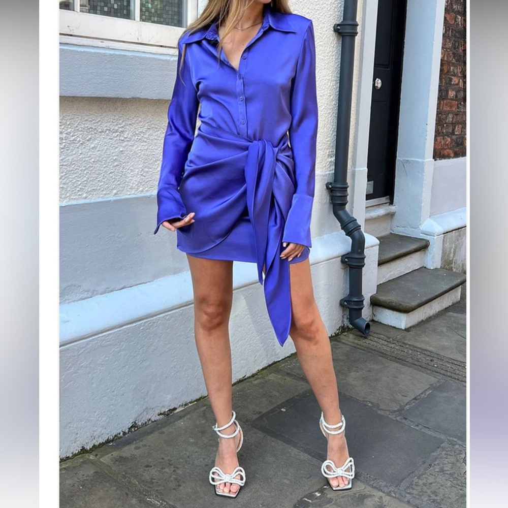 New Satin Tie Waist Shirt Dress